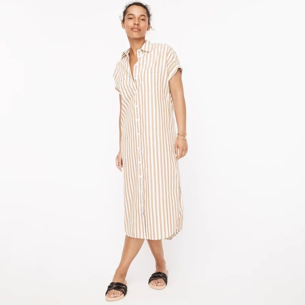 J Crew Cotton Poplin Shirtdress Stripe Relaxed Fit White Tan Shirt Dress AY841